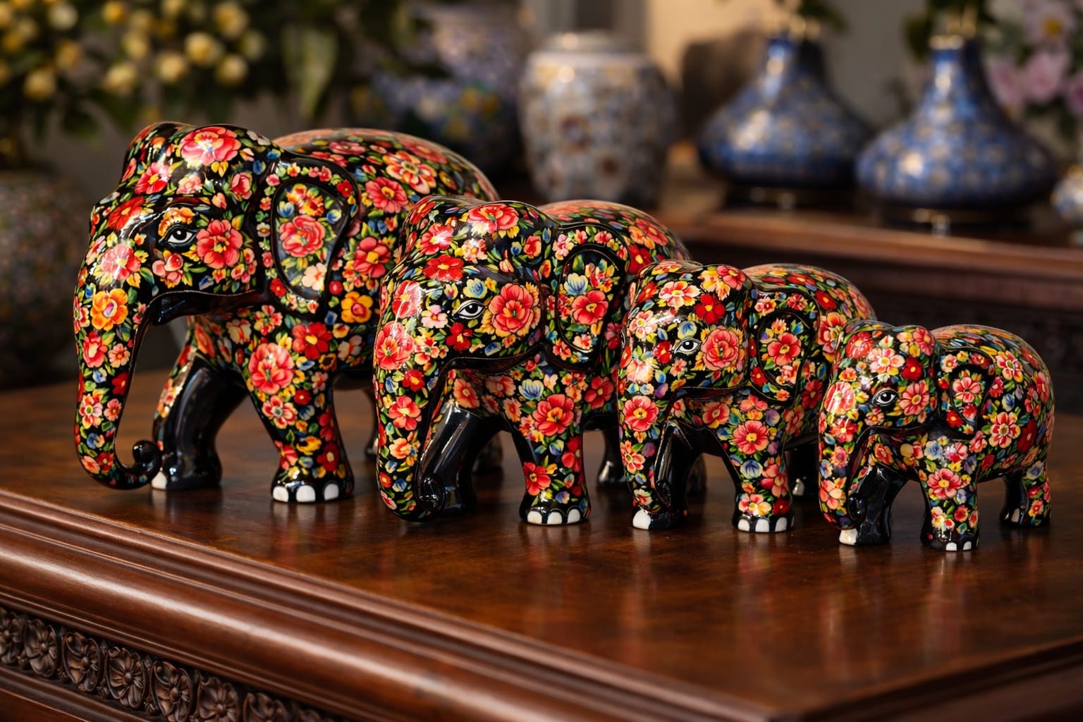 Handmade Elephant Family Set , Wooden Elephant set , hand painted paper mache sculpture 